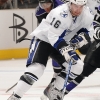 LOS ANGELES, CA - NOVEMBER 04:  Teddy Purcell #16 of the Tampa Bay Lightning skates with the puck against Alexei Ponikarovsky #27 of the Los Angeles Kings at Staples Center on November 4, 2010 in Los Angeles, California. (Photo by Noah Graham/NHLI via Getty Images)