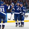 TAMPA, FL - JANUARY 19:   Eric Brewer #2 of the Tampa Bay Lightning celebrates his goal with teammates Teddy Purcell #16 and Steven Stamkos #91during the third period against the Washington Capitals at the Tampa Bay Times Forum on January 19, 2013 in Tampa, Florida. The Tampa Bay Lightning won 6-3 against the Washington Capitals.  (Photo by Scott Audette/NHLI via Getty Images)