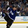 TAMPA, FL - MARCH 24:   Tim Wallace #20 of the Tampa Bay Lightning celebrates his goal in the third period against the New York Islanders at the Tampa Bay Times Forum on March 24, 2012 in Tampa, Florida.  (Photo by Scott Audette/NHLI via Getty Images)