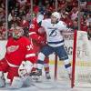 DETROIT, MI - APRIL 27:  Tyler Johnson #9 of the Tampa Bay Lightning scores a goal on goaltender Petr Mrazek #34 of the Detroit Red Wings in Game Six of the Eastern Conference Quarterfinals during the 2015 NHL Stanley Cup Playoffs on April 27, 2015 at Joe Louis Arena in Detroit, Michigan. (Photo by Dave Reginek/NHLI via Getty Images)