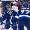 TAMPA, FL - May 6: Tyler Johnson #9 of the Tampa Bay Lightning celebrates his game winning goal with teammate Victor Hedman #77 against the Montreal Canadiens during the third period in Game Three of the Eastern Conference Semifinals during the 2015 NHL Stanley Cup Playoffs at the Amalie Arena on May 6, 2015 in Tampa, Florida.  (Photo by Scott Audette/NHLI via Getty Images)