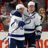 PHILADELPHIA, PA - MARCH 07: Ondrej Palat #18 of the Tampa Bay Lightning celebrates his first period goal against the Philadelphia Flyers with teammate Tyler Johnson #9 on March 7, 2016 at the Wells Fargo Center in Philadelphia, Pennsylvania.  (Photo by Len Redkoles/NHLI via Getty Images)