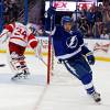 TAMPA, FL - APRIL 18: Tyler Johnson #9 of the Tampa Bay Lightning celebrates his second goal against Petr Mrazek #34 of the Detroit Red Wings in Game Two of the Eastern Conference Quarterfinals during the 2015 NHL Stanley Cup Playoffs at Amalie Arena on April 18, 2015 in Tampa, Florida. (Photo by Mike Carlson/Getty Images)