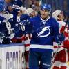 TAMPA, FL - APRIL 18: Valtteri Filppula #51 of the Tampa Bay Lightning celebrates his goal against the Detroit Red Wings in Game Two of the Eastern Conference Quarterfinals during the 2015 NHL Stanley Cup Playoffs at Amalie Arena on April 18, 2015 in Tampa, Florida. (Photo by Mike Carlson/Getty Images)