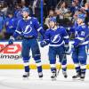 TAMPA, FL - DECEMBER 13: Tampa Bay Lightning center Tyler Johnson (9) celebrates his goal with Tampa Bay Lightning defender Victor Hedman (77) and Tampa Bay Lightning center Brayden Point (21) during the second period of an NHL game between the Toronto Maple Leafs and the Tampa Bay Lightning on December 13, 2018, at Amalie Arena in Tampa, FL. (Photo by Roy K. Miller/Icon Sportswire via Getty Images)