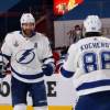 MONTREAL, QUEBEC - JULY 02:  Victor Hedman #77 of the Tampa Bay Lightning is congratulated by Nikita Kucherov #86 after scoring a goal against the Montreal Canadiens during the first period in Game Three of the 2021 NHL Stanley Cup Final at Bell Centre on July 02, 2021 in Montreal, Quebec, Canada. (Photo by Bruce Bennett/Getty Images)