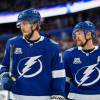 TAMPA, FL - MARCH 10: Tampa Bay Lightning defender Victor Hedman (77) and Tampa Bay Lightning defender Anton Stralman (6) during the first period of an NHL game between the Montreal Canadiens and the Tampa Bay Lightning on March 10, 2018, at Amalie Arena in Tampa, FL. (Photo by Roy K. Miller/Icon Sportswire via Getty Images)