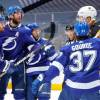 TORONTO, ONTARIO - AUGUST 23:  Victor Hedman #77 of the Tampa Bay Lightning celebrates scoring his goal against the Boston Bruins with teammates during the third period of Game One of the Eastern Conference Second Round during the 2020 NHL Stanley Cup Playoffs at Scotiabank Arena on August 23, 2020 in Toronto, Ontario. (Photo by Mark Blinch/NHLI via Getty Images)