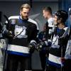 TAMPA, FL - JANUARY 13: Victor Hedman #77 and Vladislav Namestnikov #90 of the Tampa Bay Lightning wears a throw back jersey as part of the jersey retirement ceremony for former Tampa Bay Lightning player Martin St. Louis during pregame warm ups against the Columbus Blue Jackets at Amalie Arena on January 13, 2017 in Tampa, Florida.  (Photo by Mark LoMoglio/NHLI via Getty Images)