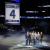 TAMPA, FL - FEBRUARY 10: Vincent Lecavalier, center, and his family watch his #4 be retired by the Tampa Bay Lightning prior to the game against the Los Angeles Kings at the Amalie Arena on February 10, 2018 in Tampa, Florida. (Photo by Mike Carlson/Getty Images)