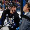 TAMPA, FL -DECEMBER 28:  Vincent Lecavalier #4 of the Tampa Bay Lightning talks with coach Guy Boucher during the game against the Boston Bruins at the St. Pete Times Forum on December 28, 2010 in Tampa, Florida.  (Photo by Scott Audette/NHLI via Getty Images)