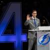 TAMPA, FL - FEBRUARY 10: Former player Vincent Lecavalier of the Tampa Bay Lightning waves to fans during his jersey retirement ceremony at Amalie Arena on February 10, 2018 in Tampa, Florida.  (Photo by Scott Audette/NHLI via Getty Images)