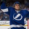 TAMPA, FL - OCTOBER 13: Vladislav Namestnikov #90 of the Tampa Bay Lightning celebrates his first career NHL goal during the third period against the Montreal Canadiens at the Amalie Arena on October 13, 2014 in Tampa, Florida.  (Photo by Scott Audette/NHLI via Getty Images)