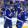 TAMPA, FL - JANUARY 15: Vladislav Namestnikov #90 of the Tampa Bay Lightning celebrates his goal with teammate Ryan Callahan #24 against the Pittsburgh Penguins during the second period at the Amalie Arena on January 15, 2016 in Tampa, Florida.  (Photo by Mark LoMoglio/NHLI via Getty Images)