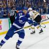 TAMPA, FL - APRIL 30: Yanni Gourde #37 of the Tampa Bay Lightning scores against goalie Tuukka Rask #40 of the Boston Bruins during Game Two of the Eastern Conference Second Round during the 2018 NHL Stanley Cup Playoffs at Amalie Arena on April 30, 2018 in Tampa, Florida. (Photo by Scott Audette/NHLI via Getty Images)