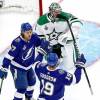 EDMONTON, ALBERTA - SEPTEMBER 19:  Yanni Gourde #37 of the Tampa Bay Lightning is congratulated by Barclay Goodrow #19 after scoring a goal past Anton Khudobin #35 of the Dallas Stars during the first period Game One of the 2020 NHL Stanley Cup Final at Rogers Place on September 19, 2020 in Edmonton, Alberta, Canada. (Photo by Bruce Bennett/Getty Images)