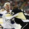 PITTSBURGH - SEPTEMBER 20:  Zenon Konopka #28 of the Tampa Bay Lightning fights Ryan Stone #33 of the Pittsburgh Penguins on September 20, 2008 at Mellon Arena in Pittsburgh, Pennsylvania.  (Photo by Jamie Sabau/Getty Images)