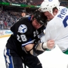 TAMPA, FL - FEBRUARY 9:  Zenon Konopka #28 of the Tampa Bay Lightning fights against  Rick Rypien #37 of the Vancouver Canucks at the St. Pete Times Forum on February  9, 2010 in Tampa, Florida. (Photo by Scott Audette/NHLI via Getty Images)