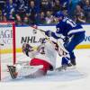 TAMPA, FL - APRIL 10: Alex Killorn #17 of the Tampa Bay Lightning shoots the puck for a goal against goalie Sergei Bobrovsky #72 of the Columbus Blue Jackets in Game One of the Eastern Conference First Round during the 2019 NHL Stanley Cup Playoffs at at Amalie Arena on April 10, 2019 in Tampa, Florida. (Photo by Scott Audette /NHLI via Getty Images)