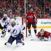 WASHINGTON, DC - MAY 17:  Alex Killorn #17 of the Tampa Bay Lightning celebrates after scoring the game winning goal on Braden Holtby #70 of the Washington Capitals at 11:57 of the third period in Game Four of the Eastern Conference Finals during the 2018 NHL Stanley Cup Playoffs at Capital One Arena on May 17, 2018 in Washington, DC.  (Photo by Bruce Bennett/Getty Images)