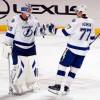 SUNRISE, FL - OCTOBER 27: Goaltender Anders Lindback #39 of the Tampa Bay Lightning celebrates their shoot out win with teammate Victor Hedman #77 against the Florida Panthers at the BB&T Center on October 27, 2013 in Sunrise, Florida. (Photo by Eliot J. Schechter/NHLI via Getty Images)