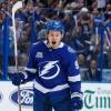 TAMPA, FL - APRIL 21: Mikhail Sergachev #98 of the Tampa Bay Lightning celebrates his goal against the New Jersey Devils in Game Five of the Eastern Conference First Round during the 2018 NHL Stanley Cup Playoffs at Amalie Arena on April 21, 2018 in Tampa, Florida. (Photo by Scott Audette/NHLI via Getty Images)